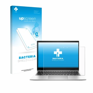 Vorderseite einer Produktverpackung mit dem Markenlogo upscreen. Daneben ist das Gerät HP EliteBook x360 830 G10 mit dem zugeh