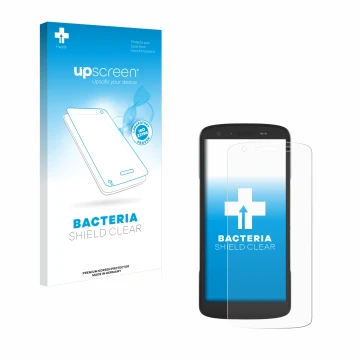 Vorderseite einer Produktverpackung mit dem Markenlogo upscreen. Daneben ist das Gerät Zebra TC22 mit dem zugehörigen Displays