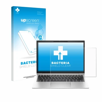 Vorderseite einer Produktverpackung mit dem Markenlogo upscreen. Daneben ist das Gerät HP EliteBook 835 G10 mit dem zugehörige