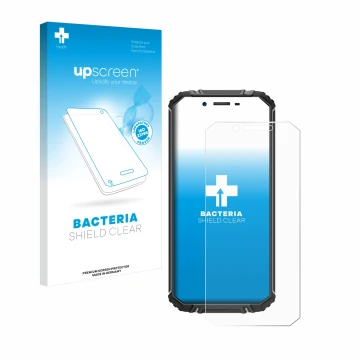 Vorderseite einer Produktverpackung mit dem Markenlogo upscreen. Daneben ist das Gerät Oukitel WP18 mit dem zugehörigen Displa