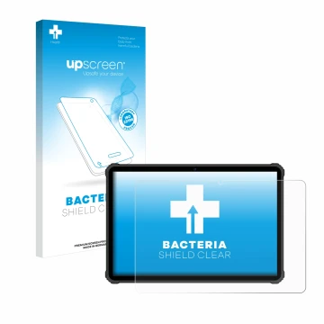 Vorderseite einer Produktverpackung mit dem Markenlogo upscreen. Daneben ist das Gerät Oukitel RT5 mit dem zugehörigen Display