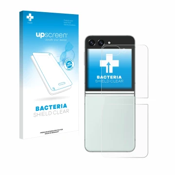 Vorderseite einer Produktverpackung mit dem Markenlogo upscreen. Daneben ist das Gerät Samsung Galaxy Z Flip 5 (Rückseite) mit