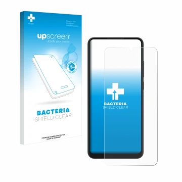 Vorderseite einer Produktverpackung mit dem Markenlogo upscreen. Daneben ist das Gerät ZTE Blade A52 mit dem zugehörigen Displ