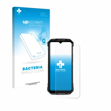 Vorderseite einer Produktverpackung mit dem Markenlogo upscreen. Daneben ist das Gerät Doogee S110 mit dem zugehörigen Display