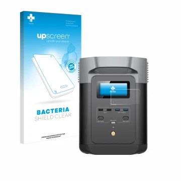 Vorderseite einer Produktverpackung mit dem Markenlogo upscreen. Daneben ist das Gerät EcoFlow DELTA 2 mit dem zugehörigen Dis