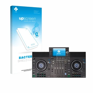 Vorderseite einer Produktverpackung mit dem Markenlogo upscreen. Daneben ist das Gerät Denon DJ SC LIVE 4 mit dem zugehörigen 