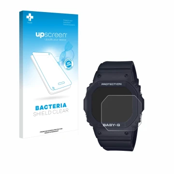 Vorderseite einer Produktverpackung mit dem Markenlogo upscreen. Daneben ist das Gerät Casio Baby-G BGD-565 mit dem zugehörige