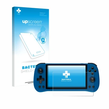 Vorderseite einer Produktverpackung mit dem Markenlogo upscreen. Daneben ist das Gerät Powkiddy X55 mit dem zugehörigen Displa