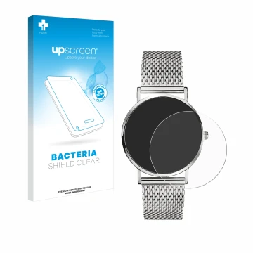 Vorderseite einer Produktverpackung mit dem Markenlogo upscreen. Daneben ist das Gerät Liebeskind New Case Mesh (34 mm) mit de