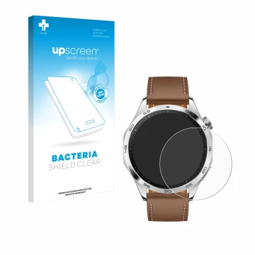 Vorderseite einer Produktverpackung mit dem Markenlogo upscreen. Daneben ist das Gerät Huawei Watch GT 4 (46mm) mit dem zugehö