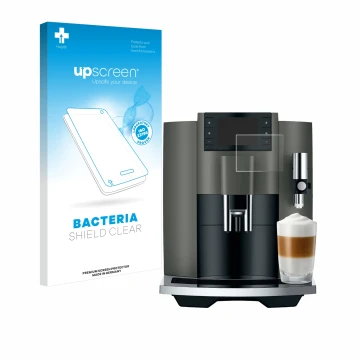 Vorderseite einer Produktverpackung mit dem Markenlogo upscreen. Daneben ist das Gerät Jura E8 (EC) mit dem zugehörigen Displa