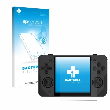 Vorderseite einer Produktverpackung mit dem Markenlogo upscreen. Daneben ist das Gerät Powkiddy RGB30 mit dem zugehörigen Disp