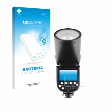 Vorderseite einer Produktverpackung mit dem Markenlogo upscreen. Daneben ist das Gerät Godox V1 mit dem zugehörigen Displaysch