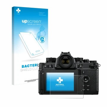 Vorderseite einer Produktverpackung mit dem Markenlogo upscreen. Daneben ist das Gerät Nikon Z F mit dem zugehörigen Displaysc