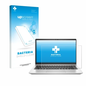 Vorderseite einer Produktverpackung mit dem Markenlogo upscreen. Daneben ist das Gerät HP EliteBook 645 G10 mit dem zugehörige