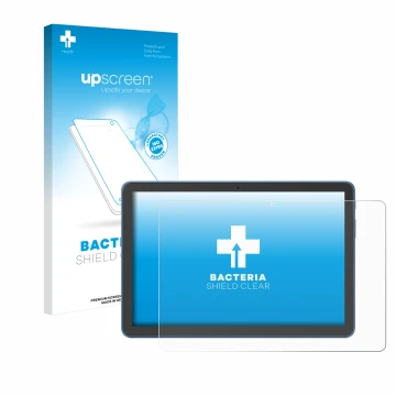 Vorderseite einer Produktverpackung mit dem Markenlogo upscreen. Daneben ist das Gerät Amazon Fire HD 10 2023 (13. Gen.) mit d