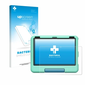 Vorderseite einer Produktverpackung mit dem Markenlogo upscreen. Daneben ist das Gerät Amazon Fire HD 10 Kids 2023 mit dem zug