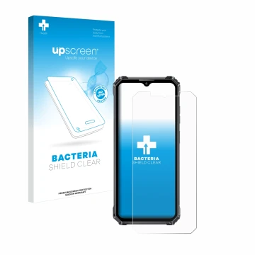 Vorderseite einer Produktverpackung mit dem Markenlogo upscreen. Daneben ist das Gerät Oukitel WP28 mit dem zugehörigen Displa