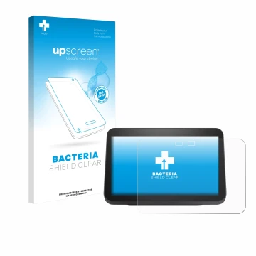 Vorderseite einer Produktverpackung mit dem Markenlogo upscreen. Daneben ist das Gerät Amazon Echo Show 8 2023 (3. Gen.) mit d