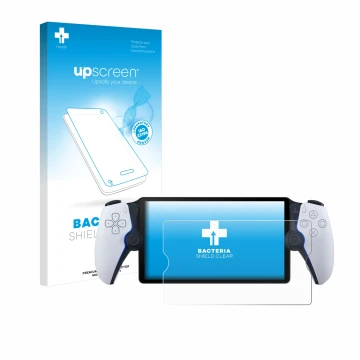 Vorderseite einer Produktverpackung mit dem Markenlogo upscreen. Daneben ist das Gerät Sony Playstation Portal mit dem zugehör