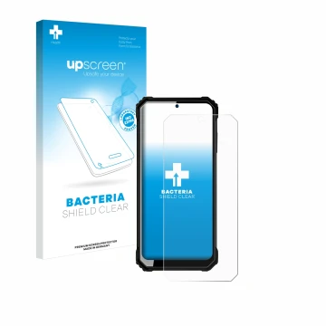 Vorderseite einer Produktverpackung mit dem Markenlogo upscreen. Daneben ist das Gerät Oukitel WP23 mit dem zugehörigen Displa