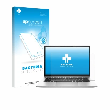 Vorderseite einer Produktverpackung mit dem Markenlogo upscreen. Daneben ist das Gerät HP EliteBook 845 G10 mit dem zugehörige