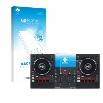 Vorderseite einer Produktverpackung mit dem Markenlogo upscreen. Daneben ist das Gerät Numark Mixstream Pro+ mit dem zugehörig