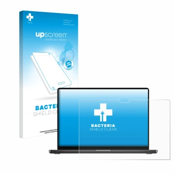 Vorderseite einer Produktverpackung mit dem Markenlogo upscreen. Daneben ist das Gerät Apple MacBook Pro 16