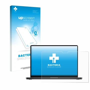 Vorderseite einer Produktverpackung mit dem Markenlogo upscreen. Daneben ist das Gerät Apple MacBook Pro 14