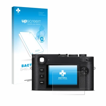 Vorderseite einer Produktverpackung mit dem Markenlogo upscreen. Daneben ist das Gerät Leica M11-P mit dem zugehörigen Display