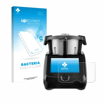 Vorderseite einer Produktverpackung mit dem Markenlogo upscreen. Daneben ist das Gerät SilverCrest Monsieur Cuisine Smart BLAC