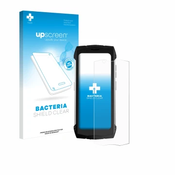 Vorderseite einer Produktverpackung mit dem Markenlogo upscreen. Daneben ist das Gerät Doogee S Mini mit dem zugehörigen Displ