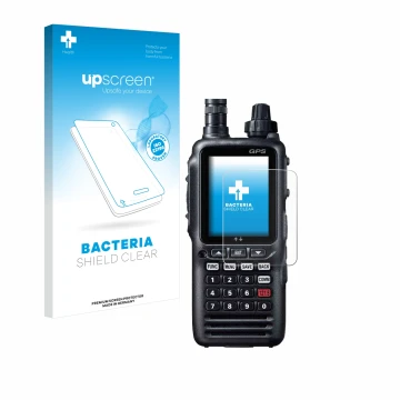 Vorderseite einer Produktverpackung mit dem Markenlogo upscreen. Daneben ist das Gerät Yaesu FTA-850L mit dem zugehörigen Disp