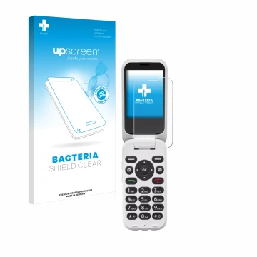 Vorderseite einer Produktverpackung mit dem Markenlogo upscreen. Daneben ist das Gerät Doro 6820 mit dem zugehörigen Displaysc