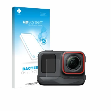 Vorderseite einer Produktverpackung mit dem Markenlogo upscreen. Daneben ist das Gerät Insta360 Ace Pro (Vorderes Display) mit