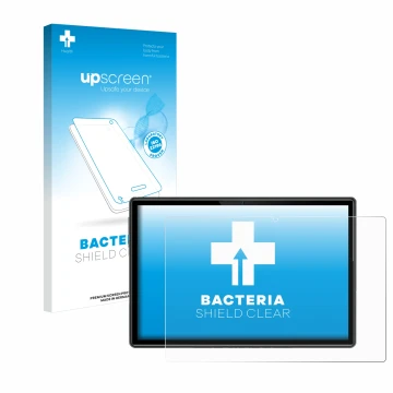 Vorderseite einer Produktverpackung mit dem Markenlogo upscreen. Daneben ist das Gerät Doogee U10 mit dem zugehörigen Displays