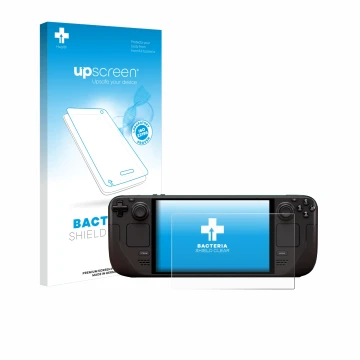 Vorderseite einer Produktverpackung mit dem Markenlogo upscreen. Daneben ist das Gerät Valve Steam Deck OLED mit dem zugehörig