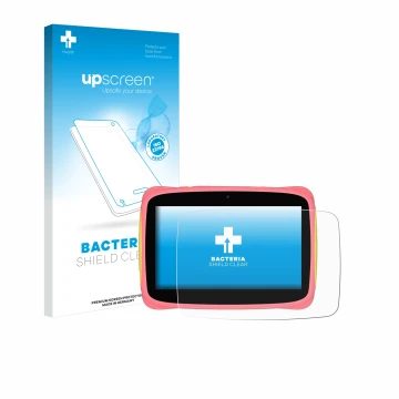 Vorderseite einer Produktverpackung mit dem Markenlogo upscreen. Daneben ist das Gerät Blackview Tab 3 Kids mit dem zugehörige