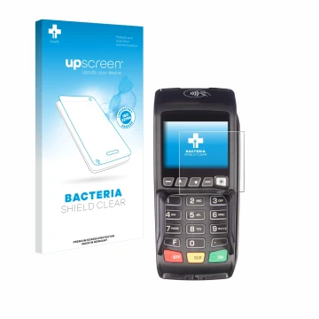 Vorderseite einer Produktverpackung mit dem Markenlogo upscreen. Daneben ist das Gerät ingenico Desk/3500 mit dem zugehörigen 