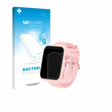 Vorderseite einer Produktverpackung mit dem Markenlogo upscreen. Daneben ist das Gerät jianyana 4G Kids Smartwatch mit dem zug