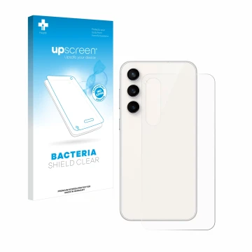 Vorderseite einer Produktverpackung mit dem Markenlogo upscreen. Daneben ist das Gerät Samsung Galaxy S23 FE (Rückseite) mit d