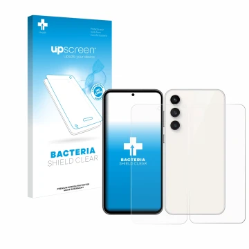Vorderseite einer Produktverpackung mit dem Markenlogo upscreen. Daneben ist das Gerät Samsung Galaxy S23 FE (Display+Rückseit