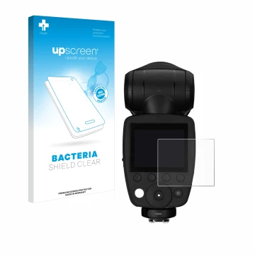 Vorderseite einer Produktverpackung mit dem Markenlogo upscreen. Daneben ist das Gerät Profoto A10 mit dem zugehörigen Display