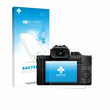 Vorderseite einer Produktverpackung mit dem Markenlogo upscreen. Daneben ist das Gerät Panasonic Lumix DC-G100D mit dem zugehö