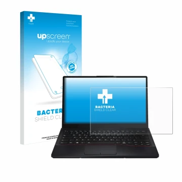 Vorderseite einer Produktverpackung mit dem Markenlogo upscreen. Daneben ist das Gerät Fujitsu Lifebook E5412 mit dem zugehöri