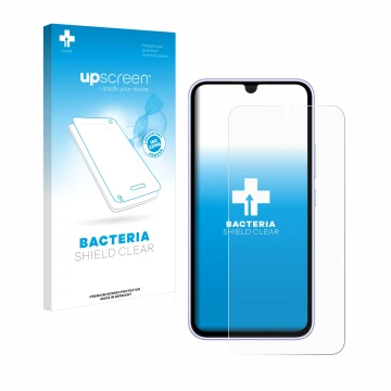 Vorderseite einer Produktverpackung mit dem Markenlogo upscreen. Daneben ist das Gerät Samsung Galaxy A54 5G (case-friendly) m