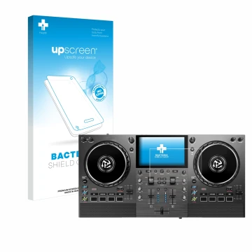 Vorderseite einer Produktverpackung mit dem Markenlogo upscreen. Daneben ist das Gerät Numark Mixstream Pro Go mit dem zugehör