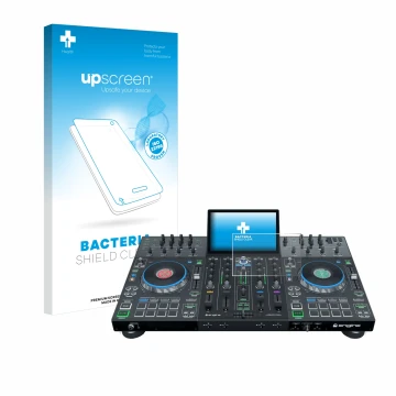Vorderseite einer Produktverpackung mit dem Markenlogo upscreen. Daneben ist das Gerät Denon DJ Prime 4+ mit dem zugehörigen D