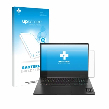 Vorderseite einer Produktverpackung mit dem Markenlogo upscreen. Daneben ist das Gerät HP Omen 16 2024 mit dem zugehörigen Dis