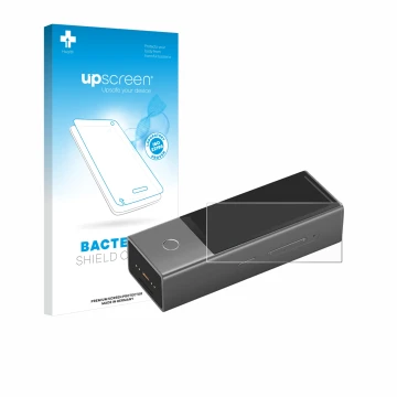 Vorderseite einer Produktverpackung mit dem Markenlogo upscreen. Daneben ist das Gerät Timekettle X1 mit dem zugehörigen Displ